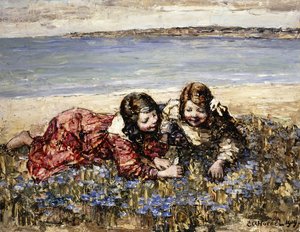 Blumen am Meeresufer sammeln von Edward Atkinson Hornel