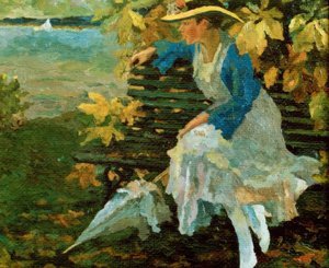 Frau auf einer Parkbank an einem See von Edward Cucuel