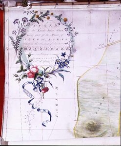 Archiv 5614 Beschreibende Kartusche eines Plans des Herrenhauses von Alton Barns, das zum New College, Oxford gehört