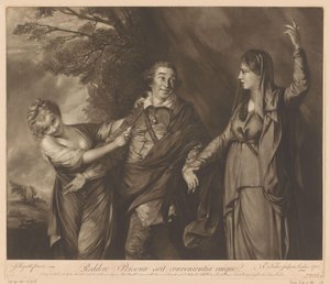 Porträt von David Garrick zwischen Komödie und Tragödie
