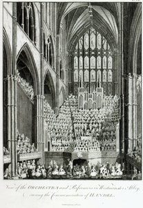 Ansicht des Orchesters und der Darsteller in der Westminster Abbey während der Gedenkfeier für Händel, veröffentlicht von Charles Burney, 1785 von Edward Francis Burney