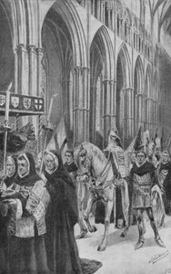 Die Pferde von König Heinrich V. folgen seinem Sarg durch das Kirchenschiff
