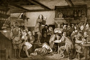 George Fox predigt in einer Taverne, ca. 1650 von Edward Henry Wehnert
