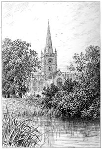 Stratford-Kirche vom Fluss aus gesehen, Stratford-upon-Avon, Warwickshire, 1885