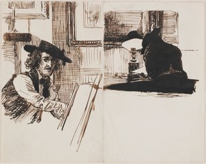 Whistler zeichnet Poynter, Rückansicht eines Mannes, der an einem Tisch in der Nähe einer beleuchteten Lampe sitzt, 1860 von Edward John Poynter