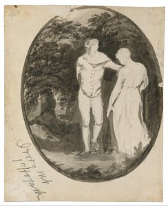 Ein Paar in einer bewaldeten Landschaft in einem Oval von Edward Lear