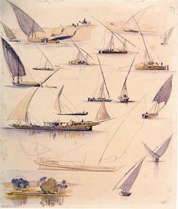 Studien verschiedener ägyptischer Boote. Farbige Aquarellzeichnung