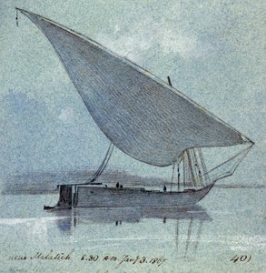 Studie eines Gyasi (ägyptisches Boot) in der Nähe von Malatieh (oder Malatia, Ägypten). Farbige Aquarellzeichnung von Edward Lear
