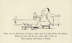 Es war eine alte Person aus Putney, deren Nahrung gebratene Spinnen und Chutney war