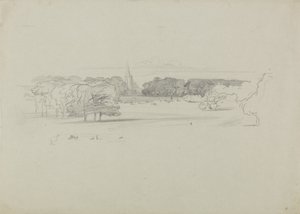 Blick über eine Wiese zu einer Kirche, 1834