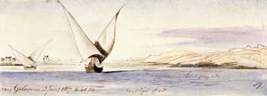 Blick auf den Nil in der Nähe von Golosona (Ägypten), mit einem traditionellen ägyptischen Segelboot