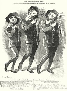 Das lästige Trio: Lord Randolph Churchill, Henry Drummond Wolff und Ellis Ashmead-Bartlett, britische konservative Politiker (Karikatur)