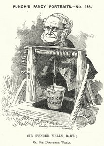 Karikatur: Thomas Spencer Wells, englischer Arzt, Chirurg von Königin Victoria (Gravur)