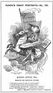 Alfred Austin (1835-1913) britischer Dichterpreisträger ab 1896. Karikatur von Edward Linley Sambourne (1844-1910) in der Serie Fancy Portraits in Punch, London, 3. März 1883, als Austin Herausgeber der National Review wurde. Gravur.