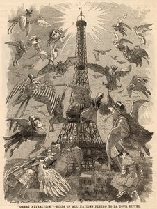 Vögel aller Nationen fliegen zum Eiffelturm
