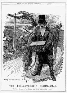 David Lloyd George (1863-1945), walisisch-britischer liberaler Staatsmann. 1908 führte Lloyd George als Schatzkanzler das Altersrenten-Gesetz ein. Karikatur von Edward Linley Sambourne aus Punch, London, August 1908.