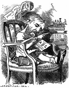 Evelyn Ashley (1836-1907) englischer Autor und liberaler Politiker: Sohn des 7. Earl of Shaftesbury. Karikatur von Edward Linley Sambourne in der Serie Fancy Portraits aus Punch London April 1881, als Ashley Unterstaatssekretär im Handelsministerium war.
