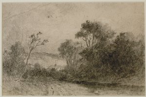 Landschaft mit Dächern hinter Bäumen (#49) ca. 1880er (Graphit auf Papier) von Edward Mitchell Bannister