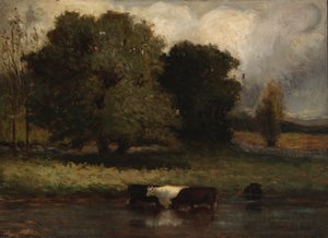 Ohne Titel (Vier Kühe waten im Teich) von Edward Mitchell Bannister