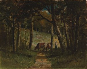 Ohne Titel (Kühe auf einem Pfad im Wald) von Edward Mitchell Bannister