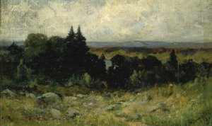 Ohne Titel (Landschaft, Felder mit Felsen und Bäumen)