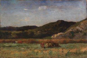 Ohne Titel (Landschaft mit grasenden Kühen, Hügel) von Edward Mitchell Bannister
