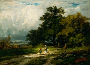 Ohne Titel (Mann auf Pferd mit Frau und Hund) von Edward Mitchell Bannister