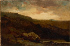 Ohne Titel (bergige Landschaft mit Felsen und Bach im Vordergrund)