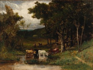 Unbetitelte Landschaft mit Kühen im Bach nahe Bäumen