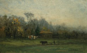 Unbetitelte Landschaft mit Mann, der Felder pflügt, n.d.
