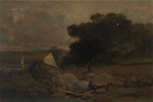 Unbetitelte Landschaft mit Felsen, Mann und Segelbooten