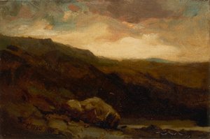Unbetitelte Berglandschaft mit Felsen und Bach im Vordergrund