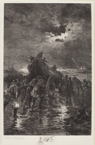 Ohne Titel (Ein Dory zu Wasser lassen / Zur Rettung / Schiffswrack)