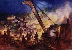 Kran entfernt Wrackteile von der Unfallstelle eines Eisenbahnunfalls von Edward Parick Kinsella