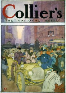 Automobil in überfüllter Straße. Aquarell von Edward Penfield