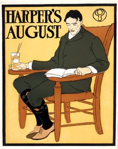 Mann in orangem Stuhl sitzend, August Harper