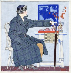 Junge Frau sitzt neben einem Tisch und hält einen Regenschirm von Edward Penfield