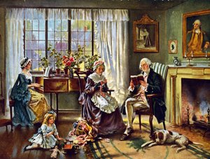 George Washington (1732-1799) Erster Präsident der Vereinigten Staaten von Amerika (1789-1797). Washington zu Hause mit seiner Familie. Nach einem Gemälde von Edward P Moran (1862-1935). von Edward Percy Moran
