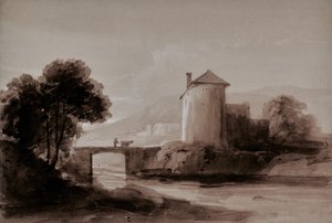 Landschaft mit Mann und Kuh auf einer Brücke