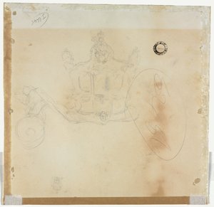 Studie für Kabine und vorderes linkes Rad der Kutsche und Studie für Kopf der gekrönten Figur, die auf der Kutsche sitzt (verso) von Edward Tennyson Reed