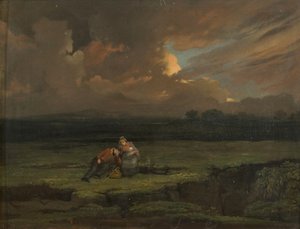 Ein Soldat und seine Frau und Kind in einer stürmischen Landschaft