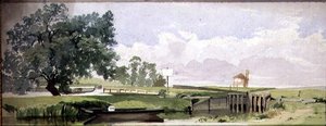 Eine Flusslandschaft mit Schleuse, ca. 1860