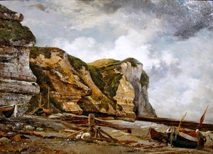Felsen bei Ebbe mit West Falaise (Etretat Klippen und Boote)