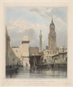 Stufen der New London Bridge, St. Magnus, das Monument und ein Teil der Old Bridge von Edward William Cooke