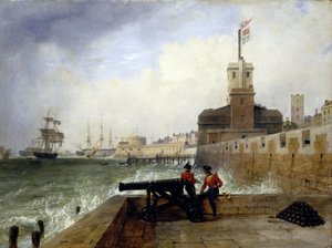 Der Semaphorturm am Eingang zum Hafen von Portsmouth (England), auf der Salvation Platform, mit zwei Soldaten, die auf der Mauer neben einer Kanone sitzen, im Hintergrund, Beschreibung der Stadt und des Piers mit dem runden Turm