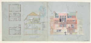 Vorderansicht und Schnitt für Haus und Studio für Frank Miles, Tite Street, Chelsea, 1878-79