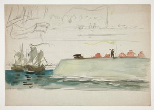 Boote auf See: Schlachtschiff im Vordergrund, Segelboot in der Ferne - (unidentifizierte Illustration)