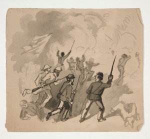 Bürgerkriegsschlachtenszene (recto); Unidentifizierte Illustration eines Mannes in einem Wald (verso) von Edwin Austin Abbey