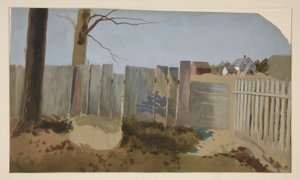 Landschaftsszene: Zaun, Feld, Bauernhaus in der Ferne von Edwin Austin Abbey