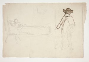 Figur im Bett, Mann betritt Raum - nicht identifizierte Illustration von Edwin Austin Abbey